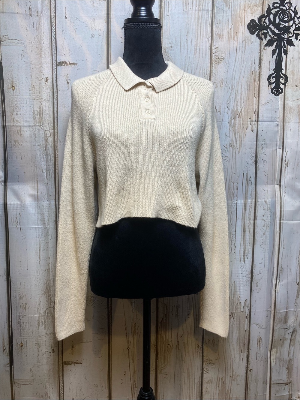 Kendall & Kylie Cropped Cream Polo Knit Sweater Sz-XS